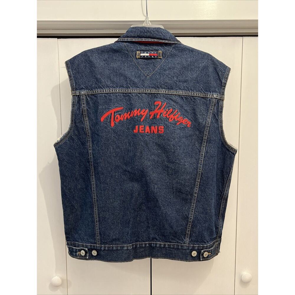 VTG Y2K Tommy Hilfiger Jeans Men's Denim TRUCKER Vest,‎ Men Sz M, BIG BACK HIT!
